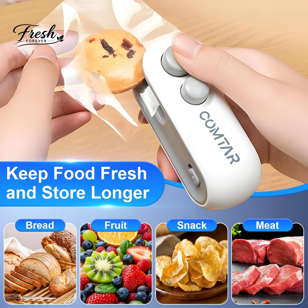 2In1 Rechargeable Chip Bag Sealer with Cutter, Portable USB C Heat Sealer Resealer Machine for Chip, Plastic Bags Heat Seal Tool for Snacks (White)